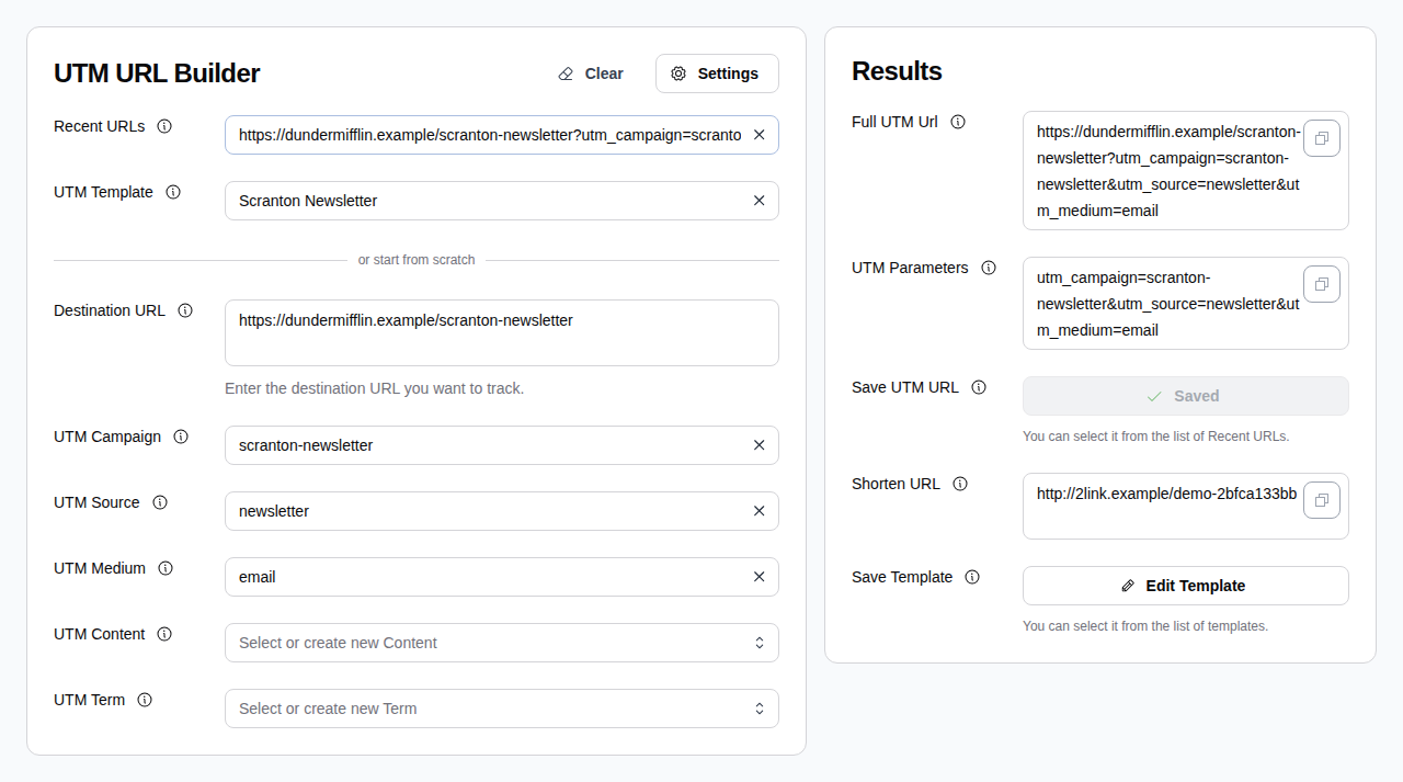 UTMTool link builder populated with an example campaign