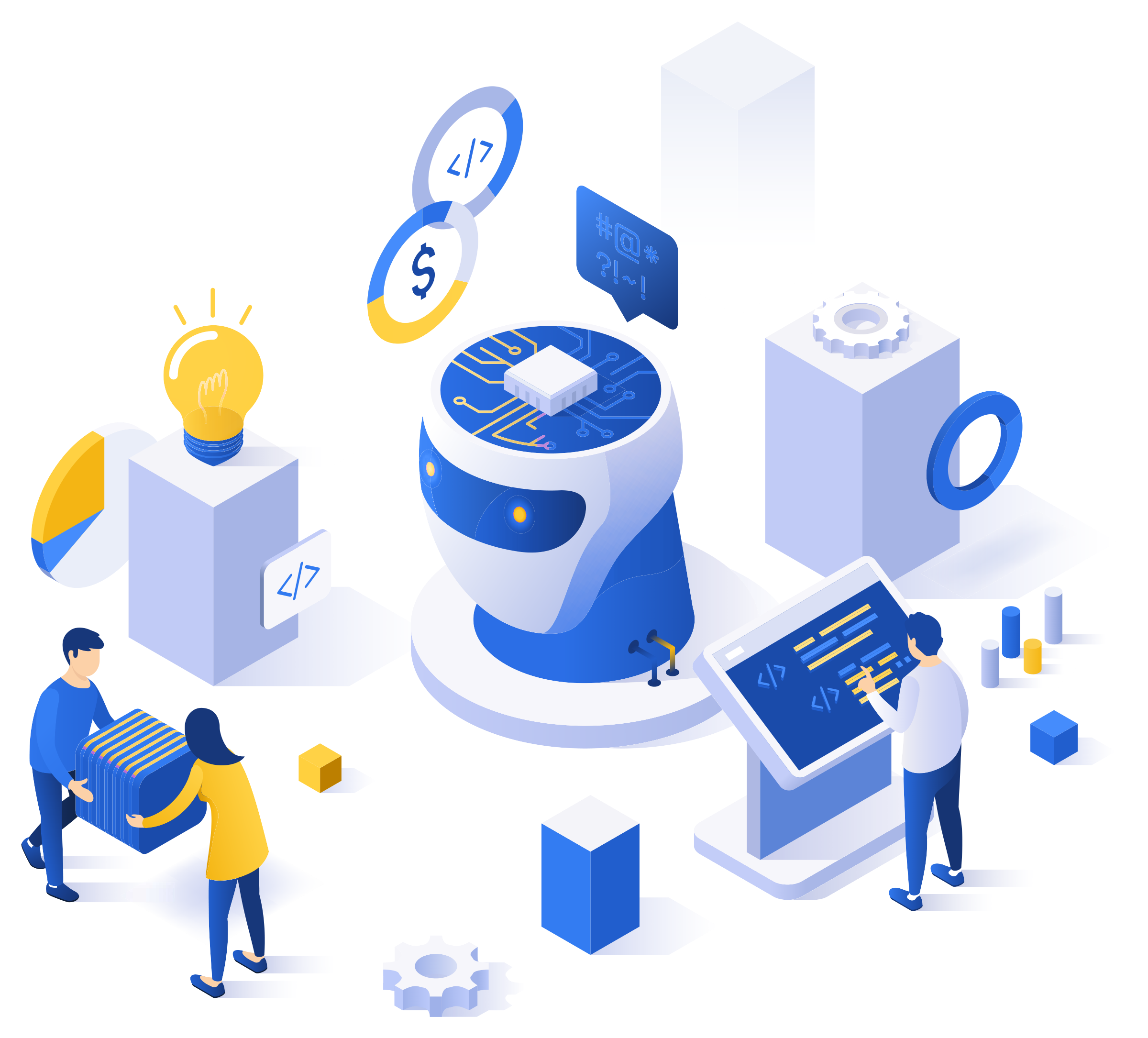 People building solutions around a robot, with code, automation and business symbols
