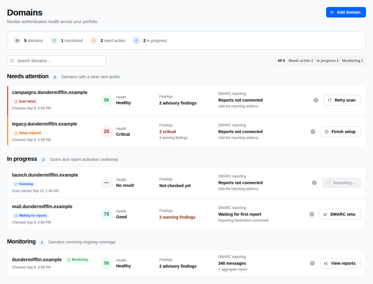 DemiSignal domain portfolio showing monitoring states and findings on example domains